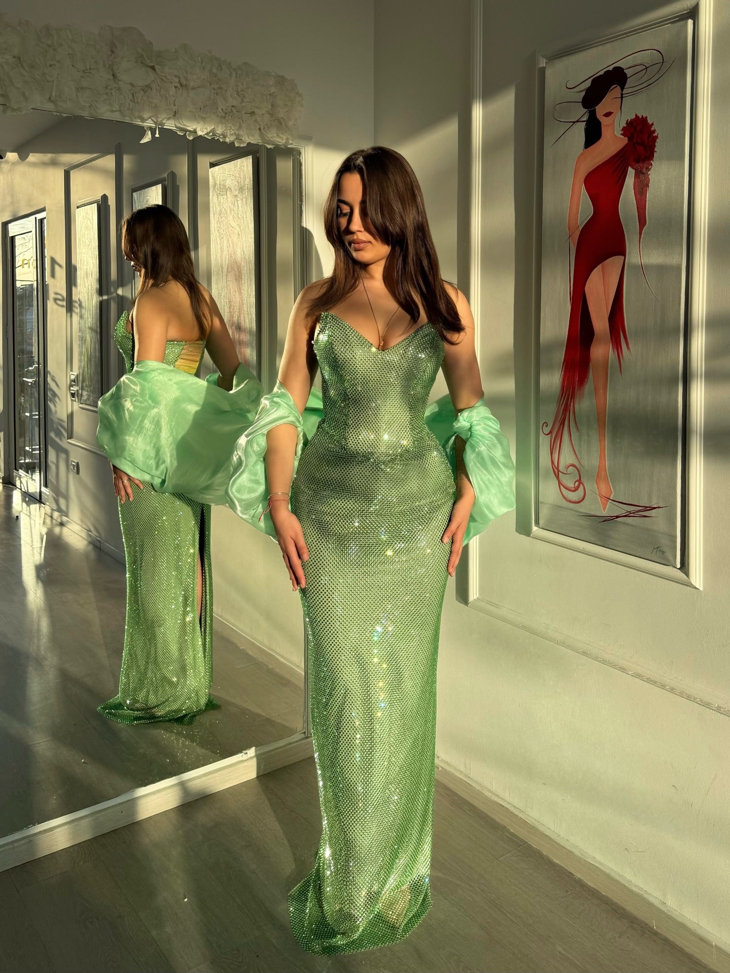 Cocoslly Strapless Sleeveless High Waist Long Mermaid Prom Dress With Rhinstone |  Green Sequins CO0107