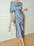 Blue Short Sleeve Satin A-Line Tie Waist Midi Dress