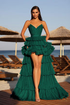 Cocoslly Strapless Sleeveless High Waist Long A Line Prom Dress With Ruffles | Champage Glod Satin YC0487