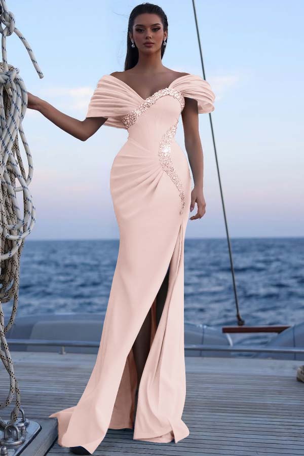 Cocoslly Off-The-Shoulder Beaded Split Long Prom Dress With Sequins Acrylic Rhinestones | Sky Blue Satin ZT0483