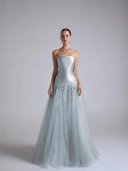 Baby Blue Satin And Tulle Strapless Sleeveless Long Pleated A-Line Prom Dress With Flower Appliqués YK0669