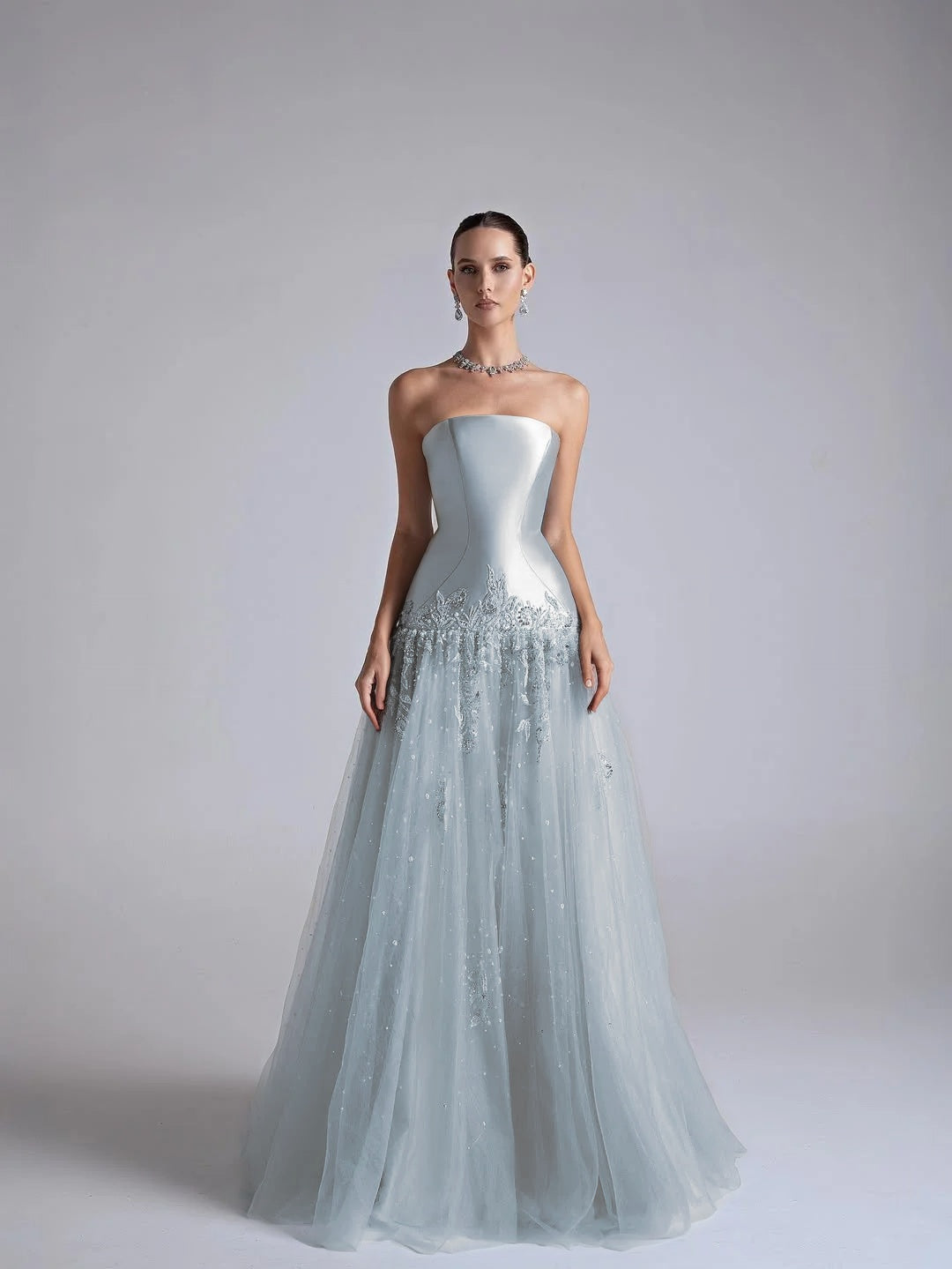 Baby Blue Satin And Tulle Strapless Sleeveless Long Pleated A-Line Prom Dress With Flower Appliqués YK0669