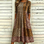 Vintage-inspired Animal Print Paisley Patchwork Linen Blend Casual Mid-sleeve Dress