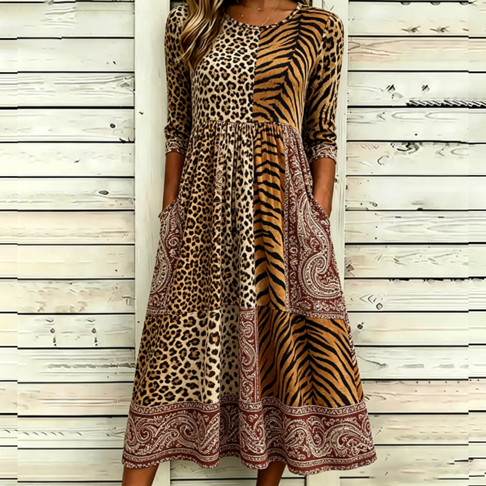 Vintage-inspired Animal Print Paisley Patchwork Linen Blend Casual Mid-sleeve Dress