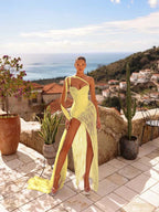 Cocoslly One Shoulder Sleeveless High Waist Long Split Prom Dress With Rhinstone | Silver Chiffon YK1284