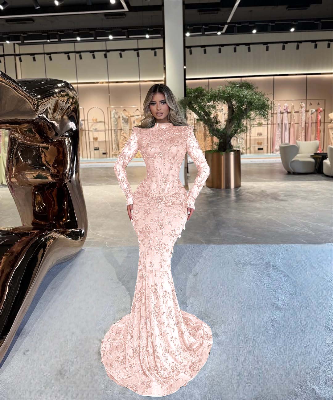 High Neck Long Sleeves Long Mermaid Prom Dress With Beading Pleated YK0512