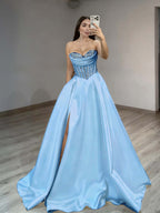 Satin Sweetheart Sleeveless Long Pleated A-Line Prom Dress With Rhinstone And Split YK0584