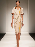 Apricot Wrap Dress Shirt Collar Short Sleeve Sheath Midi Dress