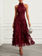 Purplish Blue 3D Floral Embroidery Classic Halter Neck Sleeveless A-Line Maxi Dress