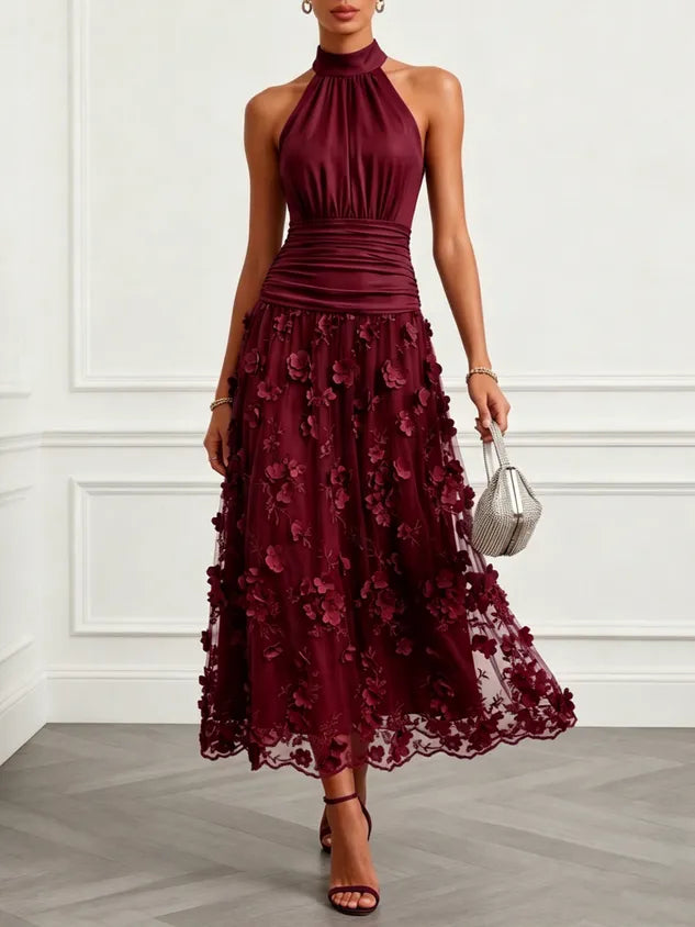 Purplish Blue 3D Floral Embroidery Classic Halter Neck Sleeveless A-Line Maxi Dress