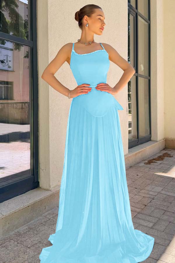 Spaghetti Strap Sleeveless Long Prom Dress With Pleated Sequins WQ0188