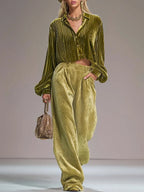 Luxe Retro Olive Green Pleated Velvet Shirt And Embossed Wide-Leg Pants Set