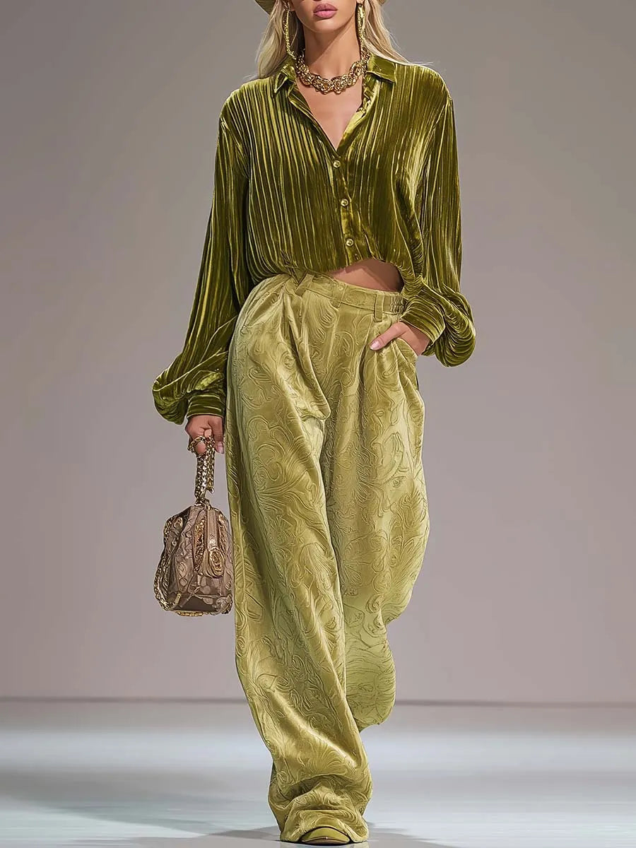 Luxe Retro Olive Green Pleated Velvet Shirt And Embossed Wide-Leg Pants Set