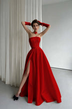 Cocoslly Strapless Sleeveless High Waist Long Prom Dress With Split And Gloves | Black Satin ZT0723
