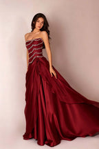 Cocoslly Strapless Sleeveless High Waist Long Prom Dress With Rhinstone And Beading Pearls | Baby Blue Satin LR0577