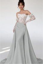 Cocoslly Strapless Sleeveless High Waist Long Mermaid Prom Dress With Long Sleeves And Lace | Blushing Pink Satin