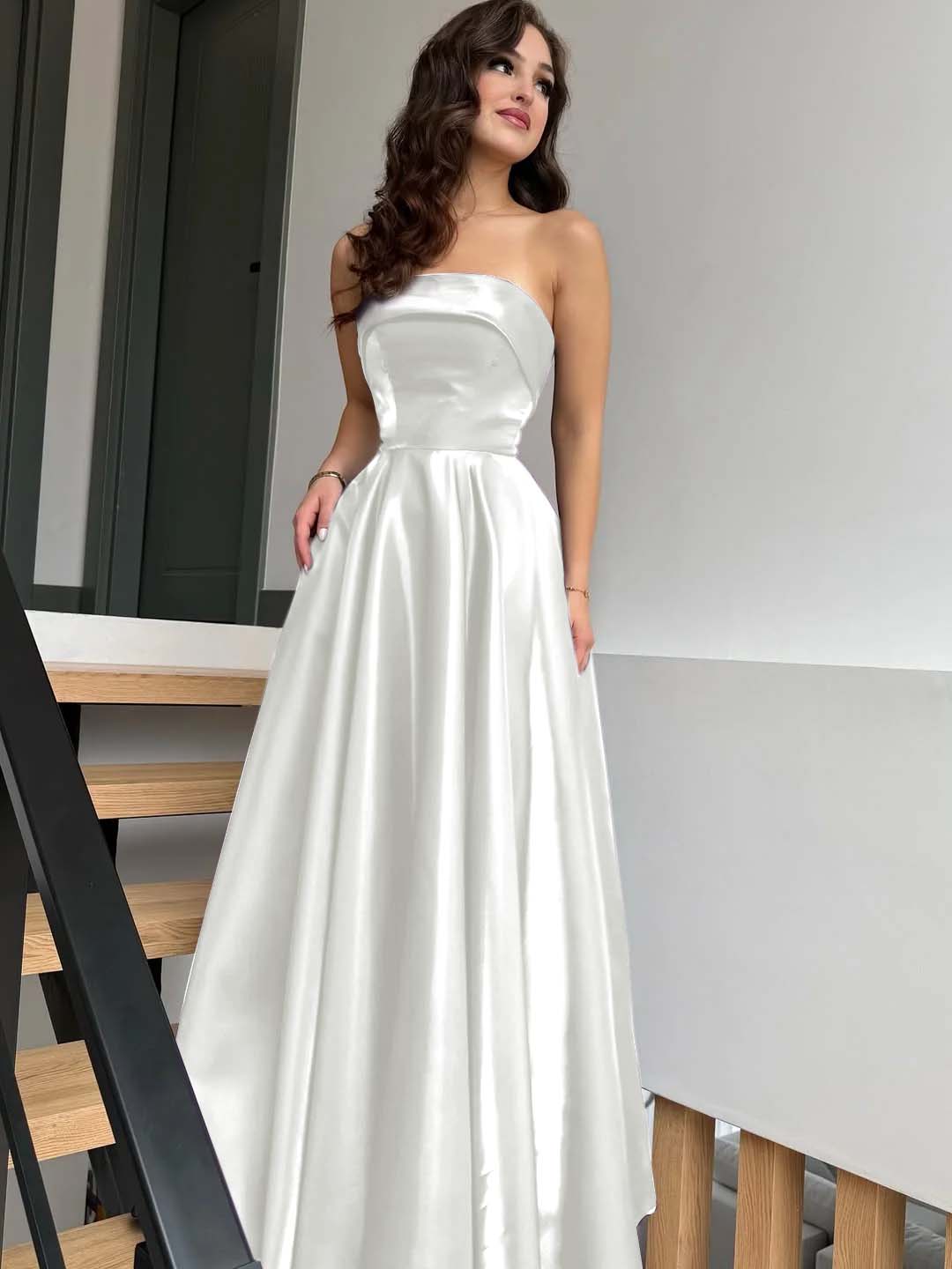 Satin Strapless Sleeveless High-Waisted Long A-Line Prom Dress With Pleated YK0638
