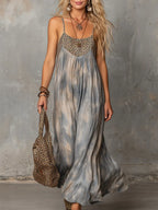 Vintage-style Bohemian Oil Painting Print Dusty Blue Cotton-linen Maxi Dress