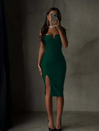 Spandex V-Neck Strapless Sleeveless Sheath Prom Dress With Buttons And Split YK0693