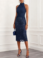 Champagne Ruched Lace Jacquard Classic Halter Neck Sleeveless H-Line Midi Dress