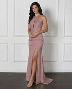 Cocoslly Halter Sleeveless High Waist Long Prom Dress With Split And Pleated | White Satin LX0111