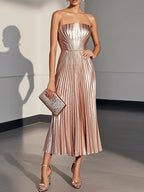 Rose Gold Pink Pleated Satin Strapless Sleeveless A-Line Midi Dress