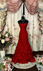Cocoslly Strapless Sweetheart Sleeveless High Waist Long A Line Prom Dress With Ruffles | Black Red Satin PRD0034