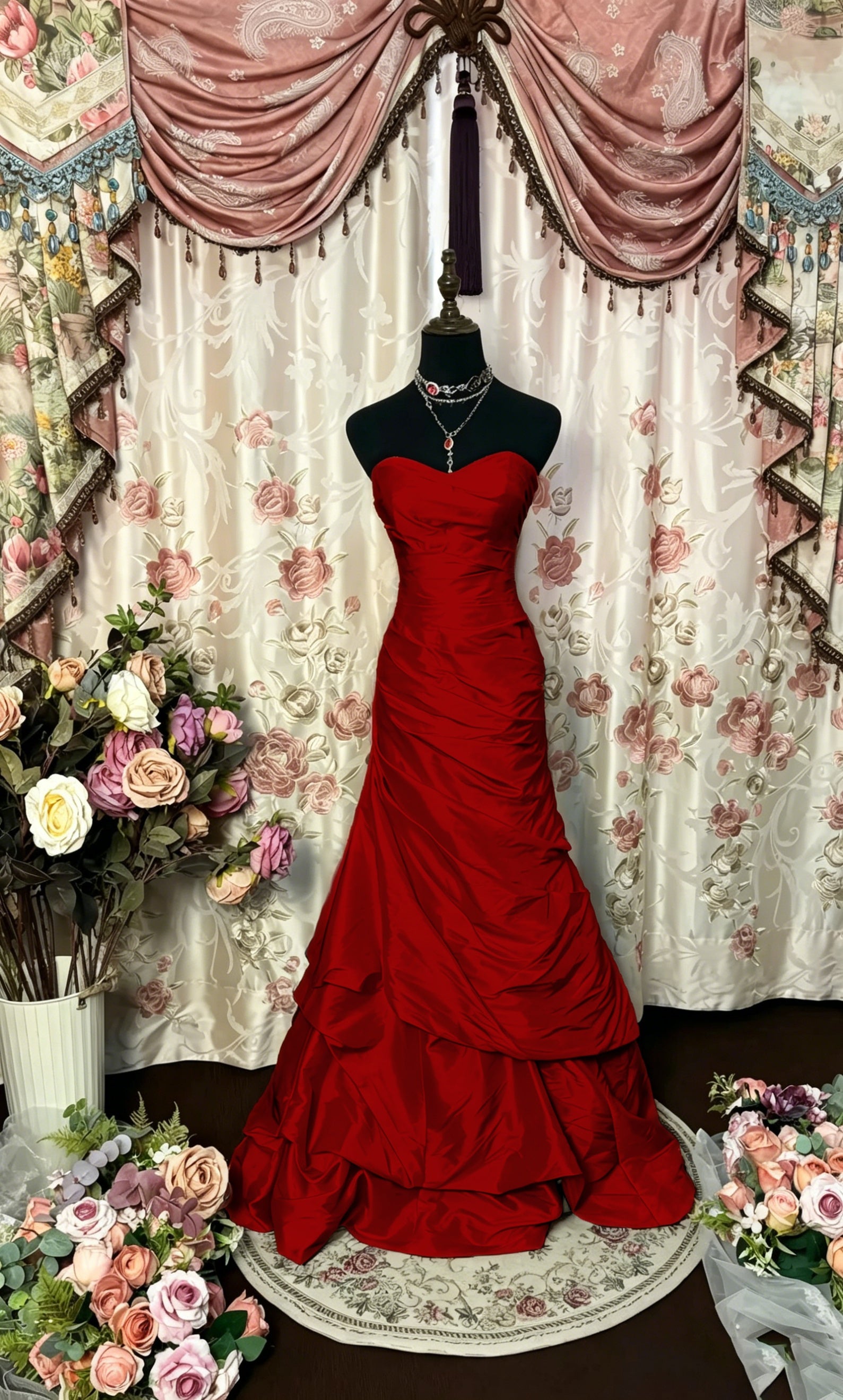 Cocoslly Strapless Sweetheart Sleeveless High Waist Long A Line Prom Dress With Ruffles | Black Red Satin PRD0034