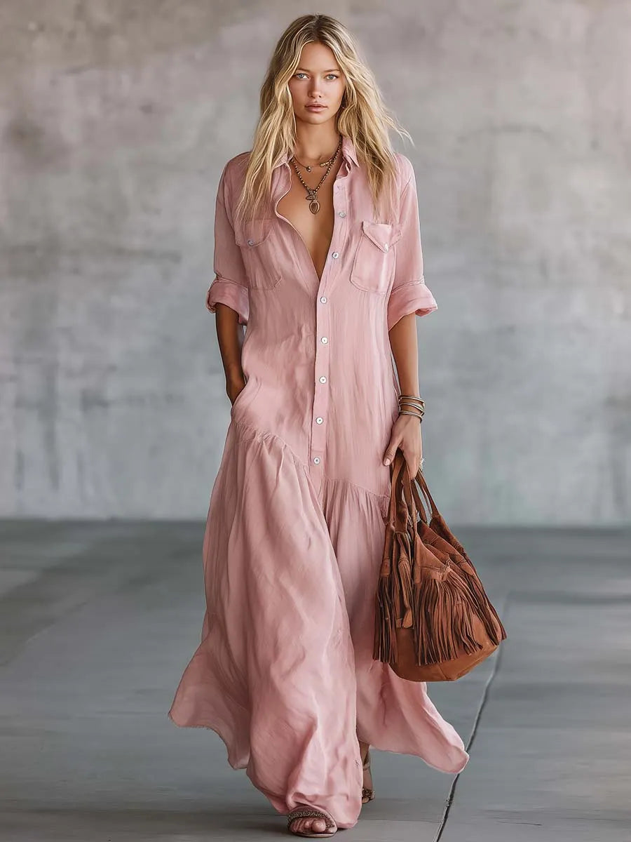 Casual Retro Western V-neck Front Button Short Sleeve Pink Cotton Linen Shirt Maxi Dress