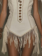 銆�24-hour shipping out銆慐legant Western Chic Round Neck White Tassel Mini Dress