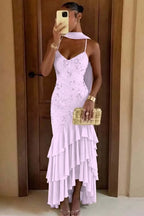 Cocoslly Spaghetti Straps Sleeveless High Waist Long Prom Dress With Ruffles And Sequins | Sage Chiffon LR0491