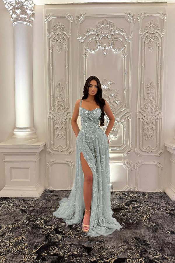 Straps Sleeveless Long Split Prom Dress With Pleated Appliques WQ0227