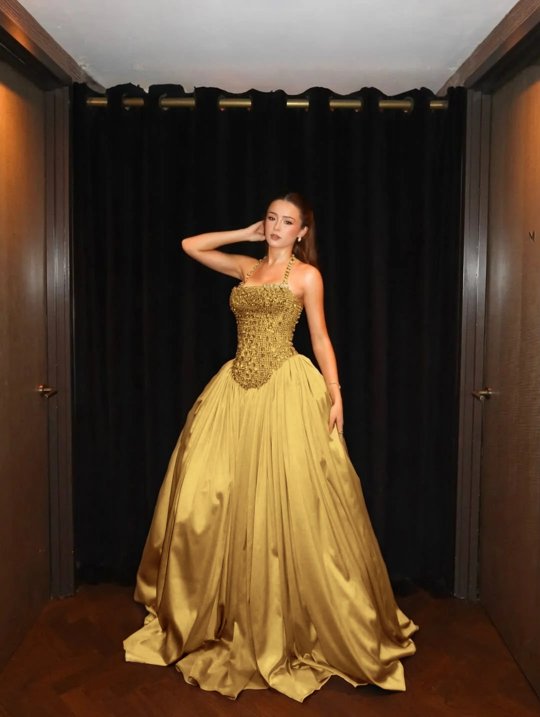 Cocoslly Halter Neck Strapless Sleeveless Long A-Line Prom Dress With Pleated And Sequins Rhinstone | Champage Satin YK0886