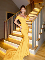 Off The Shoulder Sleeveless Long Mermaid Prom Dress With Pleated YK0338