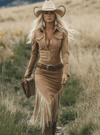 Retro Western Lapel Zipper Long Sleeve Tassel Midi Dress