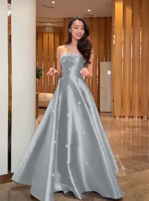 Cocoslly Strapless Sleeveless High Waist Long A Line Prom Dress With Rhinstone | Navy Blue Satin JZ0146
