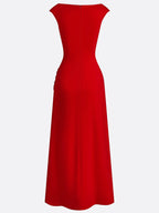 Red Applique Side-Slit Knit Boat Neck Cap Sleeve Bodycon Maxi Dress