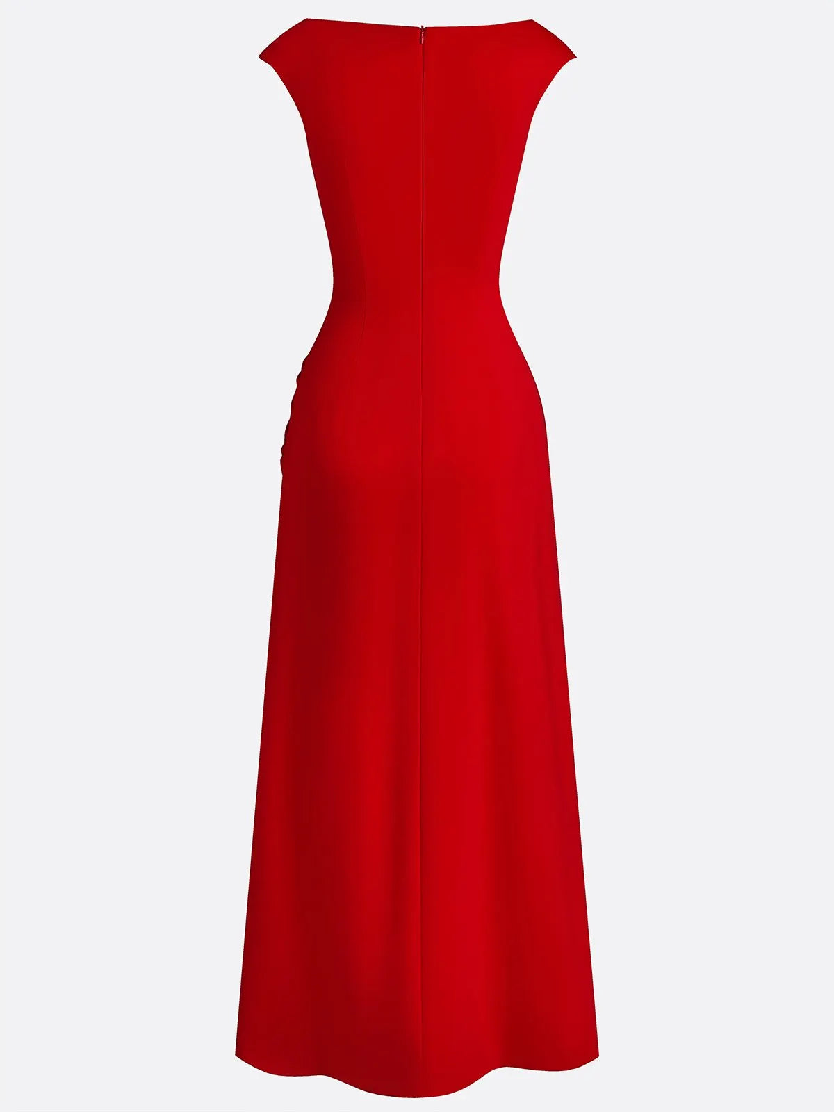 Red Applique Side-Slit Knit Boat Neck Cap Sleeve Bodycon Maxi Dress