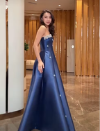 Cocoslly Strapless Sleeveless High Waist Long A Line Prom Dress With Rhinstone | Navy Blue Satin JZ0146