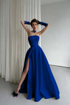 Cocoslly Strapless Sleeveless High Waist Long Prom Dress With Split And Gloves | Black Satin ZT0723