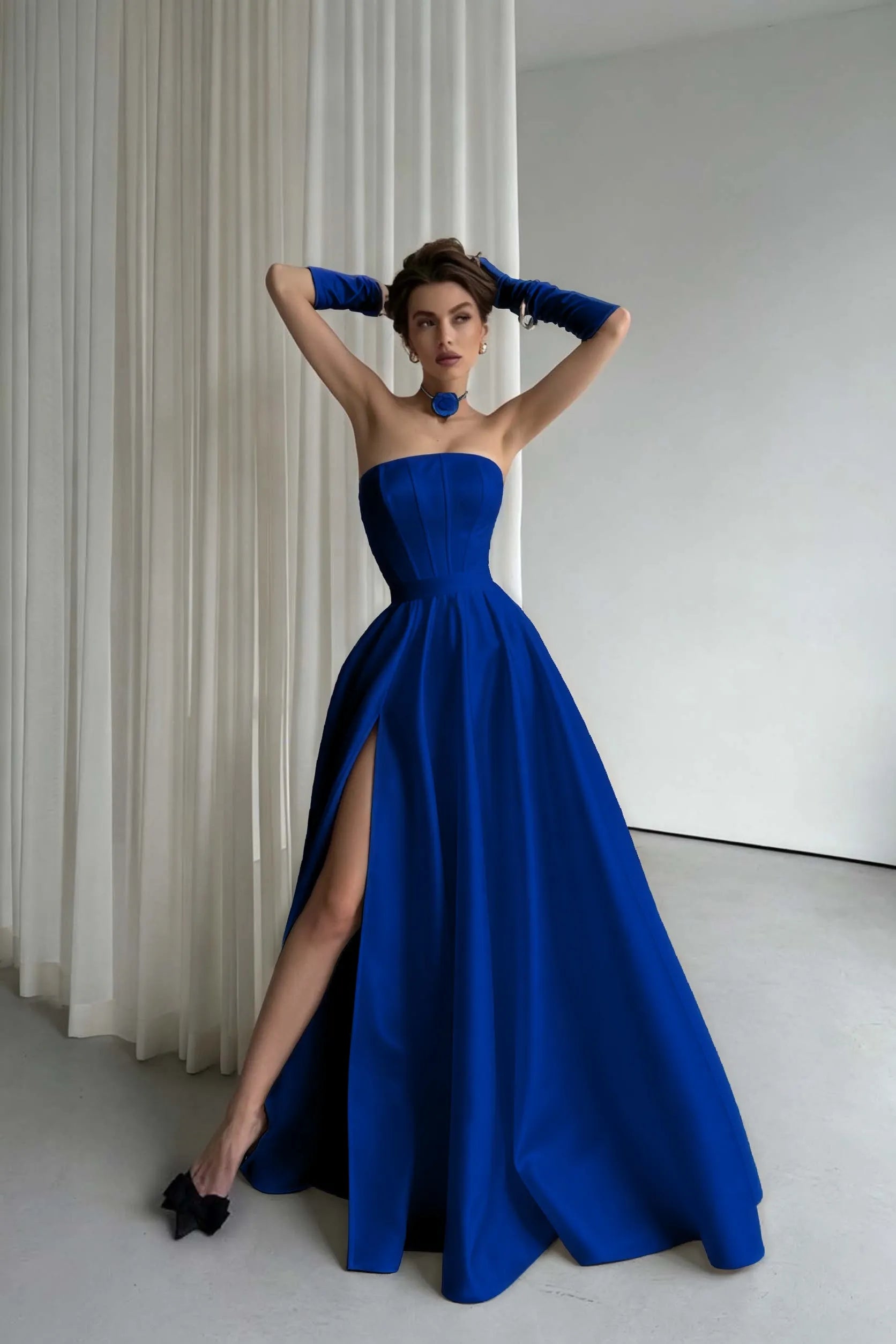 Cocoslly Strapless Sleeveless High Waist Long Prom Dress With Split And Gloves | Black Satin ZT0723