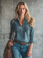Western Retro Blue Tassel Long-Sleeved Faux Suede Shirt