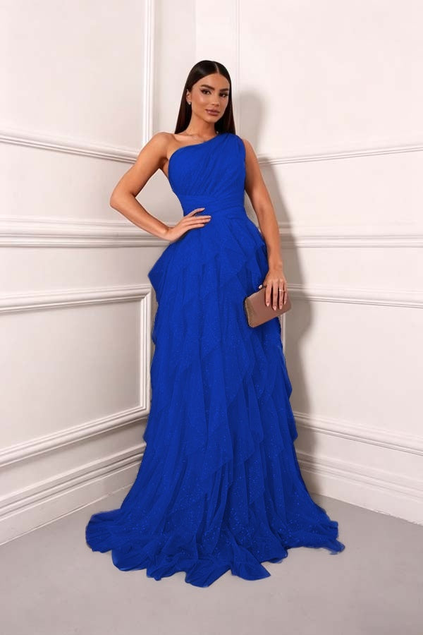 Cocoslly One Shoudler Sleeveless High Waist Long Prom Dress With Ruffles | Forest Green Tulle ZT0560