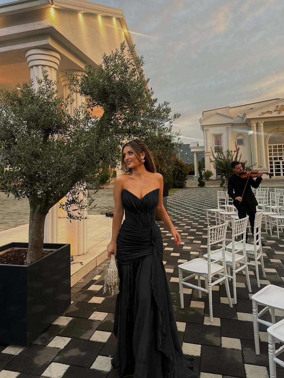 Strapless V Neck Sleeveless Long Prom Dress With Pleated Ruffle YK0492