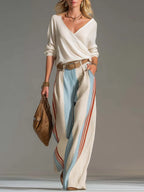 Retro Casual Ivory Surplice V-Neck Top And Blue Red Striped Wide-Leg Cotton-Linen Pants Set