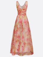 Pink Floral Bow Tulle V Neck Sleeveless A-Line Floor-length Gown Dress