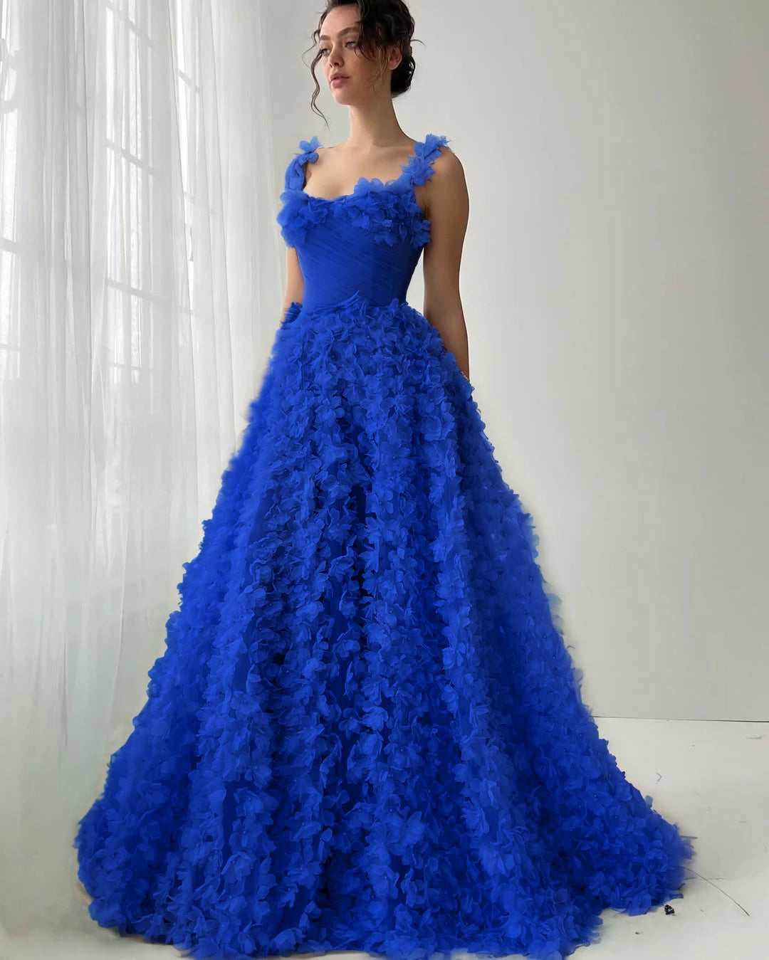 Tulle Square Neck Spaghetti Straps Sleeveless Long A-Line Prom Dress With Flower Appliques YK0613