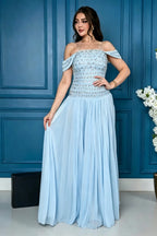 Cocoslly Off-The-Shoulder Sleeveless High Waist Long Prom Dress With Rhinstone | Champage Chiffon LR0566