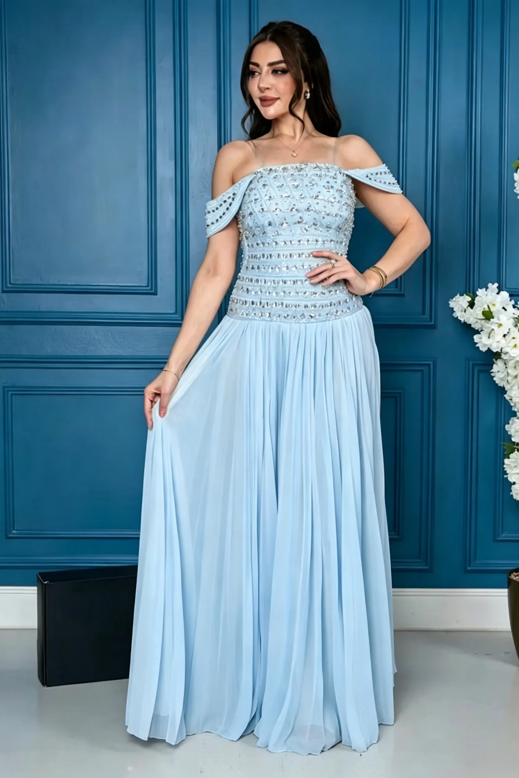 Cocoslly Off-The-Shoulder Sleeveless High Waist Long Prom Dress With Rhinstone | Champage Chiffon LR0566