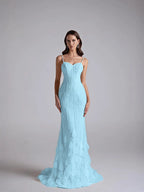 Tulle Sweetheart Spaghetti Straps Sleeveless Long Mermaid Prom Dress With Petals And Sequins YK0668